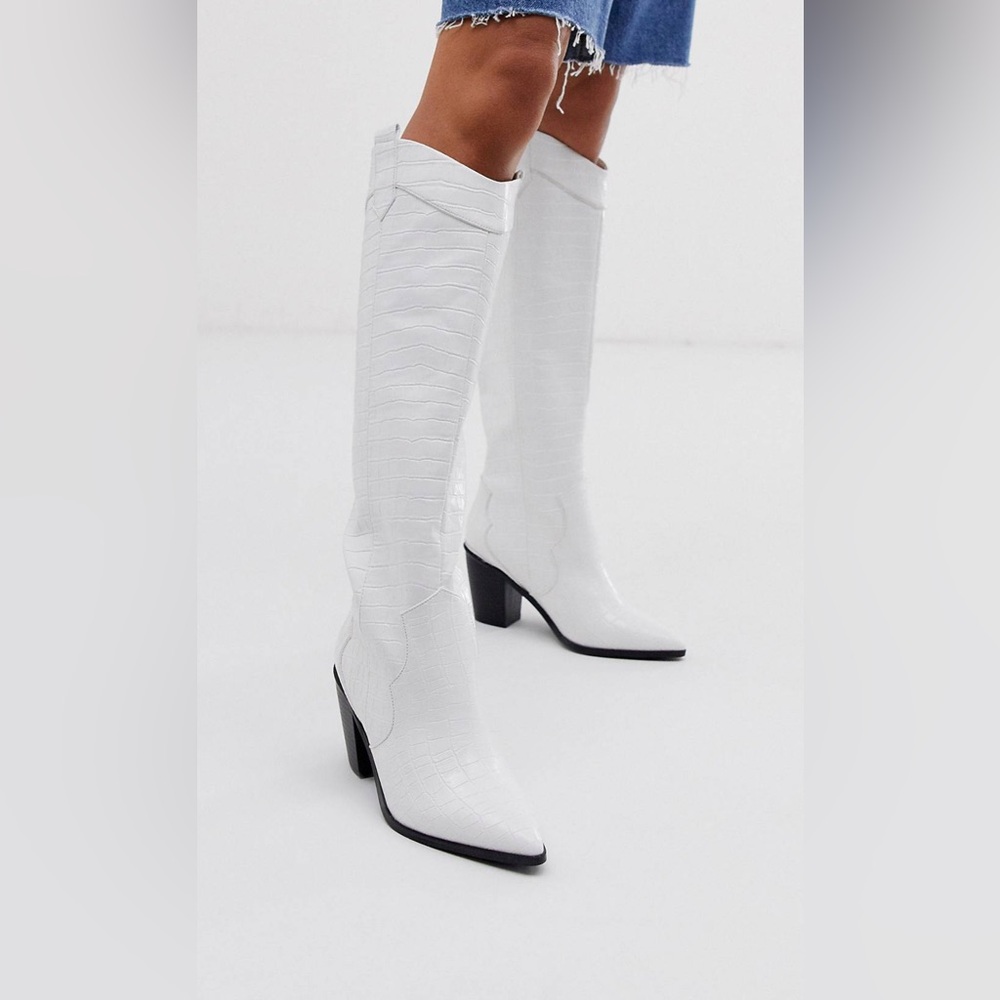 ASOS White Knee High Western Heeled Boots
